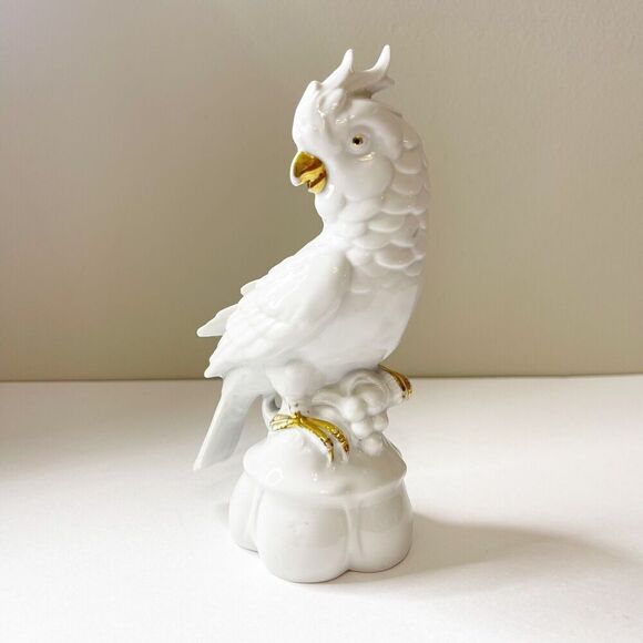 Vintage German Porcelain Cockatoo Thuringia White Ceramic Painted Gold - Picture 10 of 16